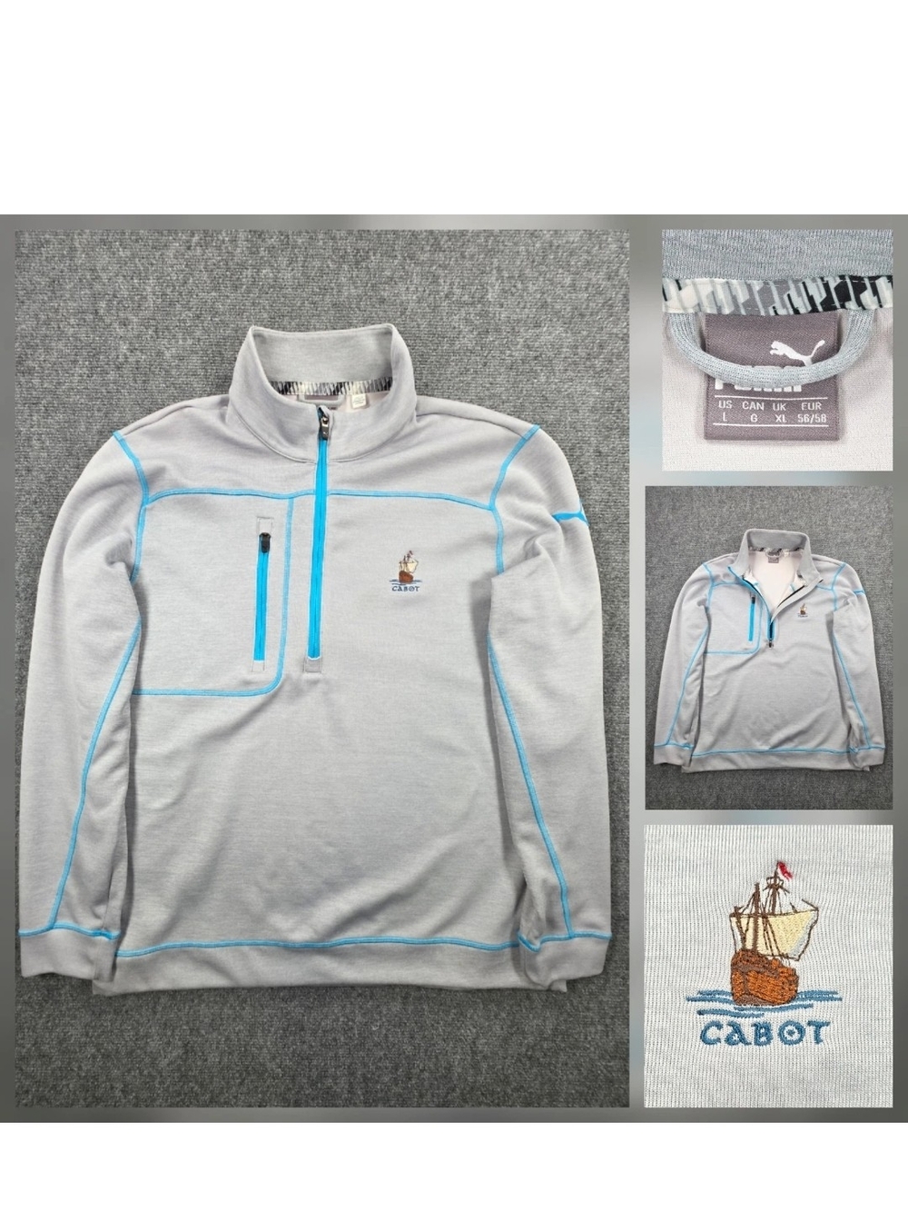 PUMA Cabot Golf Mens Large 1/4 Zip Pullover Grey Blue Cape Breton Nova Scotia